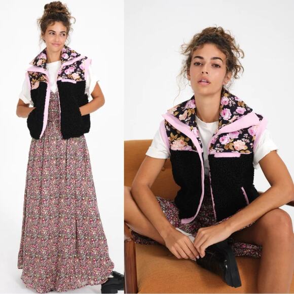 NWT NEW For Love And Lemons Faux Shearling Floral Puffer Vest - Picture 1 of 12